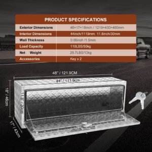 underbody truck box, 48"×17"×18" pickup storage box, heavy duty aluminum diamond plate tool box with lock and keys, waterproof trailer storage box with t handle latch for truck, van, trailer