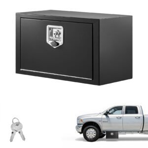 Underbody Truck Tool Box, 24 x 12 x 14 Inch Heavy Duty Steel Trailer Storage Box with Lock & Keys, Waterproof Trailer Storage Organizer Under Body Chest with T-Handle for Truck, Van, SUV, Black