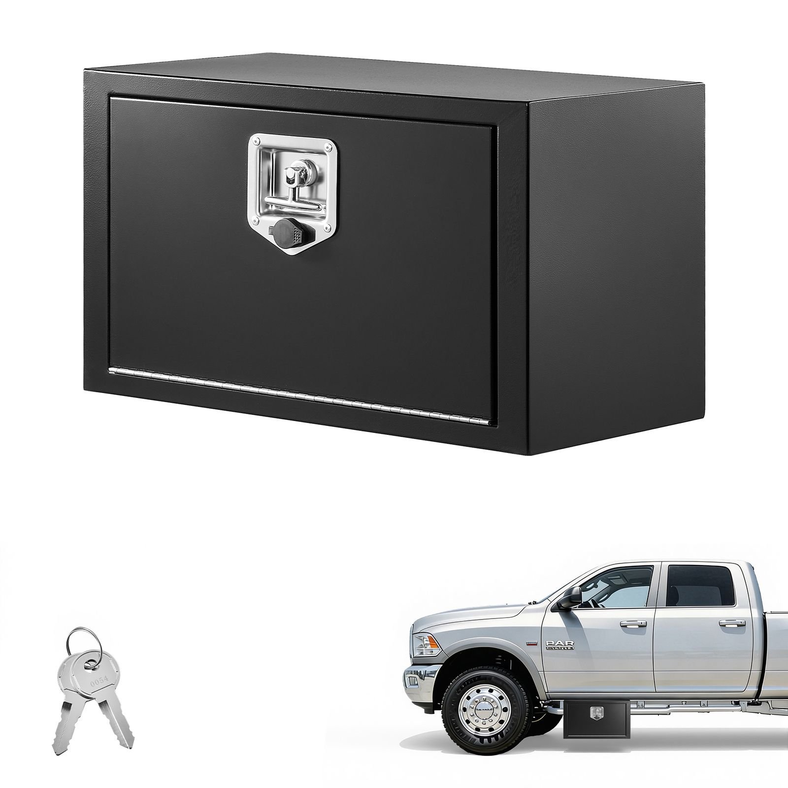 underbody truck tool box, 24 x 12 x 14 inch heavy duty steel trailer storage box with lock & keys, waterproof trailer storage organizer under body chest with t handle for truck, van, suv, black