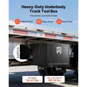 underbody truck tool box, 24 x 12 x 14 inch heavy duty steel trailer storage box with lock & keys, waterproof trailer storage organizer under body chest with t handle for truck, van, suv, black