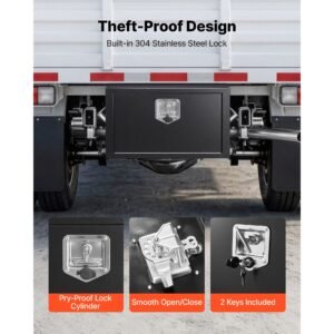 underbody truck tool box, 24 x 12 x 14 inch heavy duty steel trailer storage box with lock & keys, waterproof trailer storage organizer under body chest with t handle for truck, van, suv, black