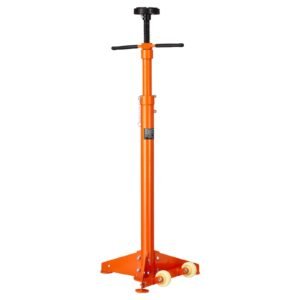 underhoist support stand, 3/4 ton capacity under hoist jack stand, lifting from 38.4 to 75.4 in, bearing mounted spin handle, self locking threaded screw, two wheels, support vehicle components