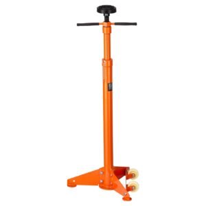 underhoist support stand, 3/4 ton capacity under hoist jack stand, lifting from 38.4 to 75.4 in, bearing mounted spin handle, self locking threaded screw, two wheels, support vehicle components