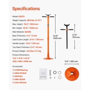 underhoist support stand, 3/4 ton capacity under hoist jack stand, lifting from 52.8 to 76 in, self locking threaded screw, bearing mounted spin handle pole jack, support vehicle components