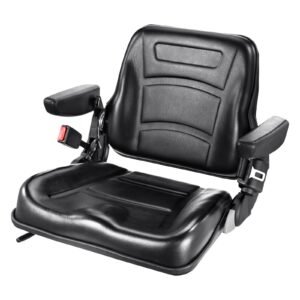 universal forklift seat, fold down tractor seat with adjustable angle back, micro switch, seatbelt and armrests, 6.3 13.4 inch slot tractor seat for tractor loader excavator