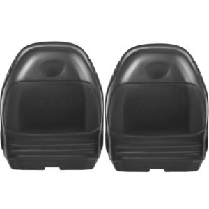 universal tractor seat replacement 2 pack, compact high back mower seat pair, black vinyl forklift seat, central drain hole skid steer seat with mounting bolt patterns