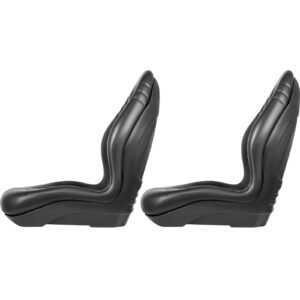 universal tractor seat replacement 2 pack, compact high back mower seat pair, black vinyl forklift seat, central drain hole skid steer seat with mounting bolt patterns