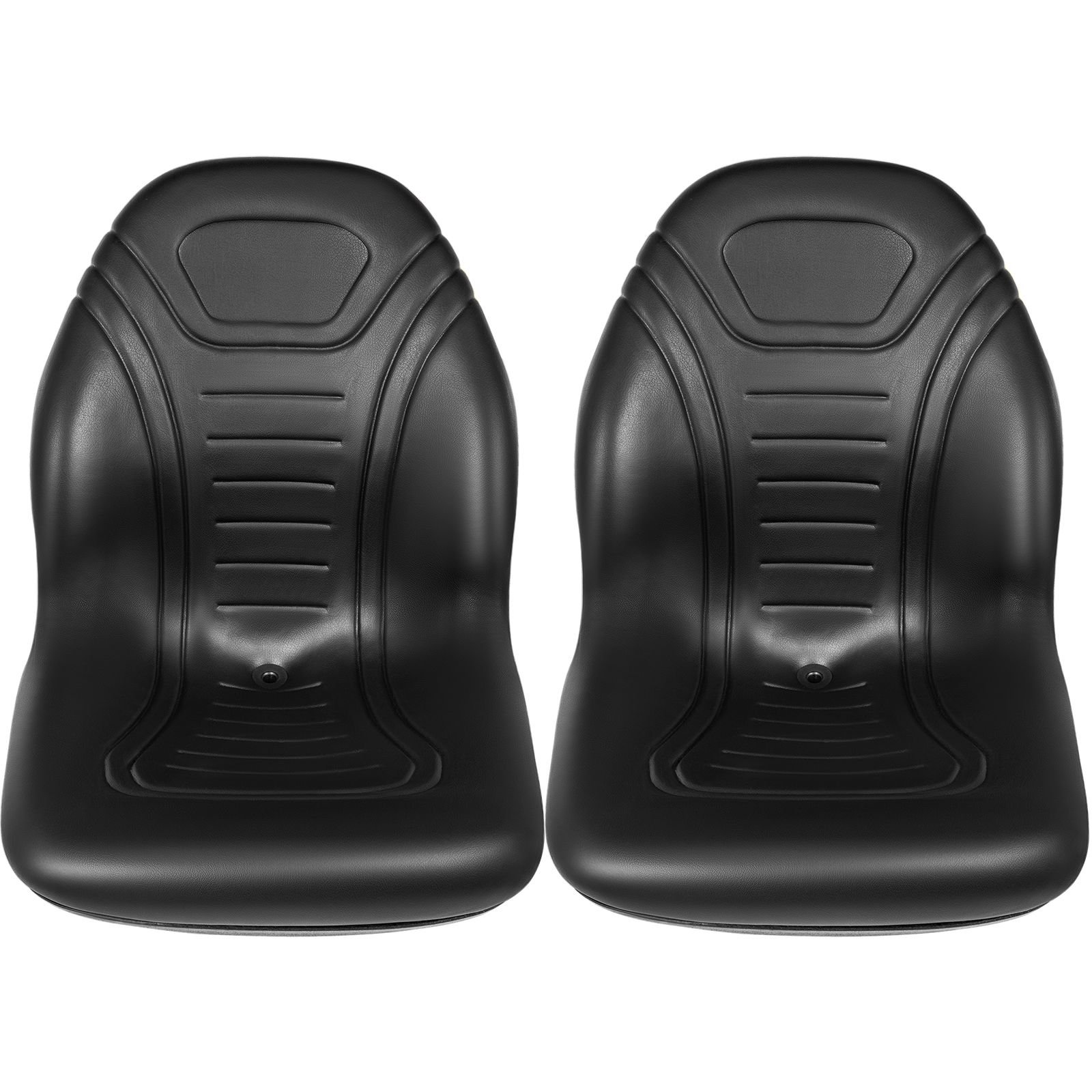 universal tractor seat replacement 2 pack, compact high back mower seat pair, black vinyl forklift seat, central drain hole skid steer seat with mounting bolt patterns