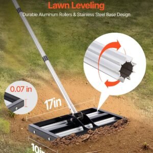 updated lawn leveling rake with roller, 17" x 10" stainless steel lawn leveler with 63.4" adjustable handle, heavy duty yard leveling rake, effort saving lawn leveling tool for yard golf court