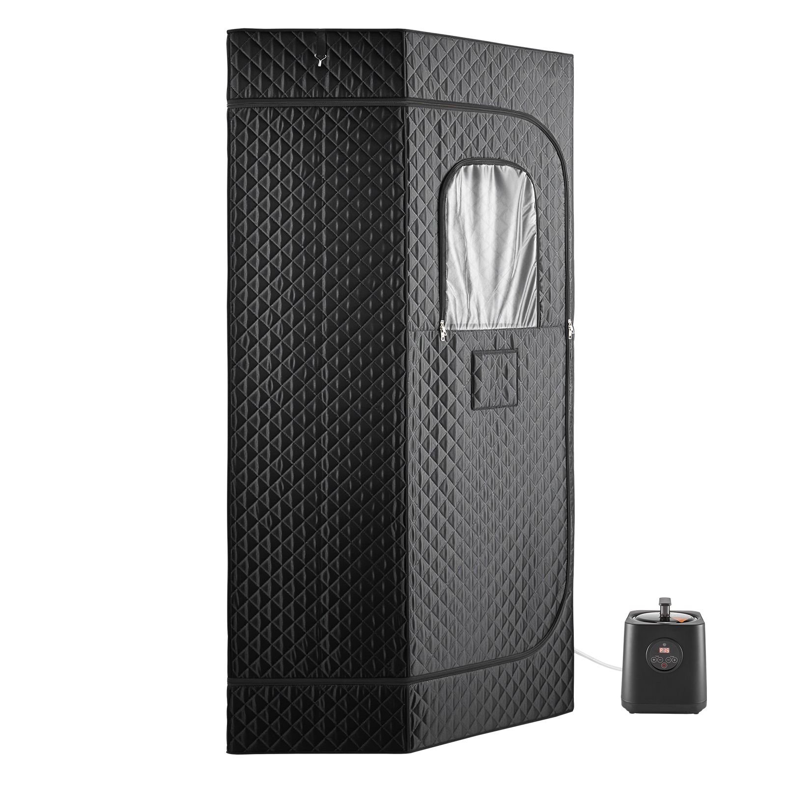 upgraded portable steam sauna for home, 1 person full body home spa tent with steamer & 1 foldable chairs & remote & essential oil box,heavy duty stainless steel sauna box, (black,pentagon)