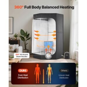 upgraded portable steam sauna for home, 1 person full body home spa tent with steamer & 1 foldable chairs & remote & essential oil box,heavy duty stainless steel sauna box, (black,pentagon)