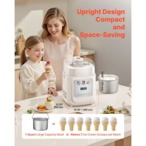 upright automatic ice cream maker with built in compressor, 1 quart no pre freezing gelato maker & frozen yogurt machine, 4 modes electric sorbet maker, compressor ice cream machine for home