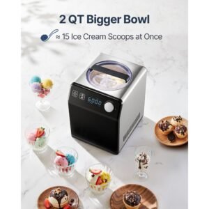 upright automatic ice cream maker with built in compressor, 2 quart no pre freezing fruit yogurt machine, stainless steel electric sorbet maker, 4 modes gelato maker with digital display & timer