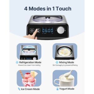 upright automatic ice cream maker with built in compressor, 2 quart no pre freezing fruit yogurt machine, stainless steel electric sorbet maker, 4 modes gelato maker with digital display & timer
