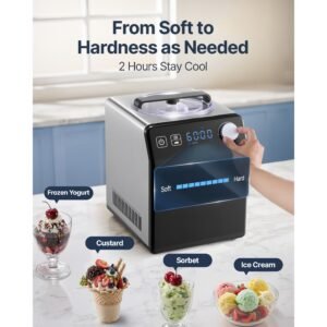 upright automatic ice cream maker with built in compressor, 2 quart no pre freezing fruit yogurt machine, stainless steel electric sorbet maker, 4 modes gelato maker with digital display & timer