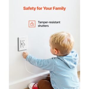 usb wall outlet, 24 w 15a tamper resistant electrical outlet with 1 type c & 1 type a ports, 2 three prong ac outlets, screwless wall plate included, charging for multiple devices, white