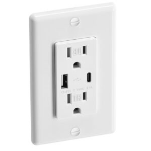 USB Wall Outlet, 24 W 15A Tamper Resistant Electrical Outlet with 1 Type C & 1 Type A Ports, 2 Three-prong AC Outlets, Screwless Wall Plate Included, Charging for Multiple Devices, White