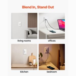 usb wall outlet, 24 w 15a tamper resistant electrical outlet with 1 type c & 1 type a ports, 2 three prong ac outlets, screwless wall plate included, charging for multiple devices, white