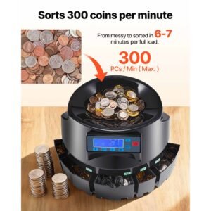 usd coin counter & coin sorters with lcd display, coin sorter machine for usd coin 1/5/10/25 cents $1, sorts up to 300 coins/min, change counter holds 2000 coins included 5 coin bins & 5 tubes