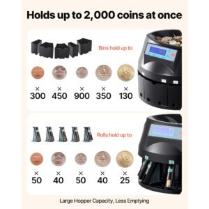 usd coin counter & coin sorters with lcd display, coin sorter machine for usd coin 1/5/10/25 cents $1, sorts up to 300 coins/min, change counter holds 2000 coins included 5 coin bins & 5 tubes