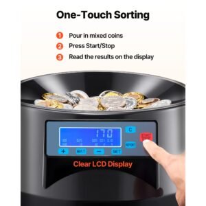 usd coin counter & coin sorters with lcd display, coin sorter machine for usd coin 1/5/10/25 cents $1, sorts up to 300 coins/min, change counter holds 2000 coins included 5 coin bins & 5 tubes