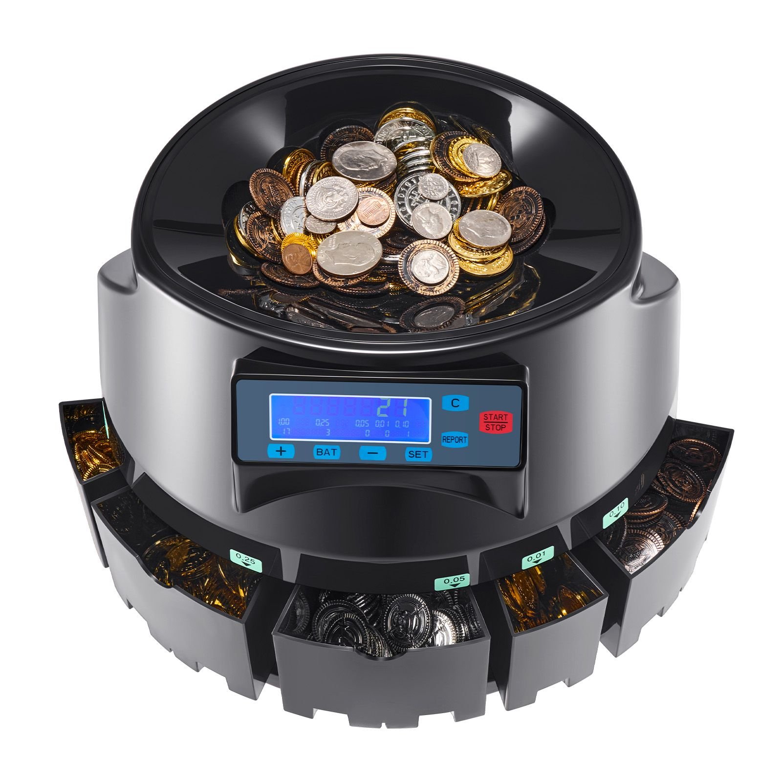 usd coin counter & coin sorters with lcd display, coin sorter machine for usd coin 1/5/10/25 cents $1, sorts up to 300 coins/min, change counter holds 2000 coins included 5 coin bins & 5 tubes