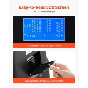 usd coin sorter, coin counter machine for 5 kinds of usd coins, coin sorter and wrapper machine holds up to 2000 coins, screen display coin storage included 5 coin tubes and boxes