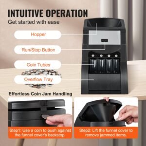 usd coin sorter, coin sorter machine for usd coin 1/5/10/25 cents, sorts up to 230 coins/min, coin sorter and wrapper machine holds 200 coins, includes 4 coin tubes, black