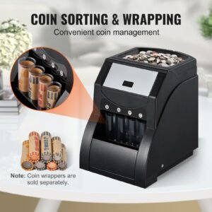 usd coin sorter, coin sorter machine for usd coin 1/5/10/25 cents, sorts up to 230 coins/min, coin sorter and wrapper machine holds 200 coins, includes 4 coin tubes, black