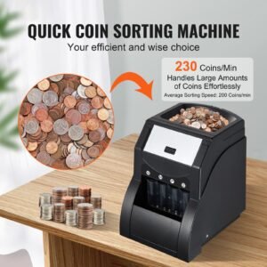 usd coin sorter, coin sorter machine for usd coin 1/5/10/25 cents, sorts up to 230 coins/min, coin sorter and wrapper machine holds 200 coins, includes 4 coin tubes, black