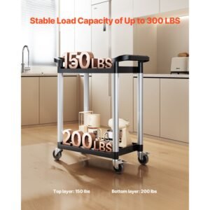 utility cart, 300 lbs load capacity, 2 tier utility plastic cart with 360° swivel wheels (2 with brakes), 24.4 x 16.1 inch food service cart for warehouse, office, home, restaurant, kitchen