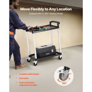 utility cart, 300 lbs load capacity, 2 tier utility plastic cart with 360° swivel wheels (2 with brakes), 24.4 x 16.1 inch food service cart for warehouse, office, home, restaurant, kitchen