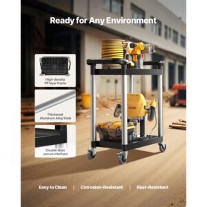 utility cart, 300 lbs load capacity, 2 tier utility plastic cart with 360° swivel wheels (2 with brakes), 24.4 x 16.1 inch food service cart for warehouse, office, home, restaurant, kitchen