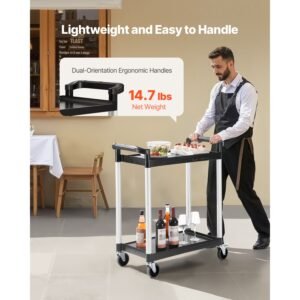 utility cart, 300 lbs load capacity, 2 tier utility plastic cart with 360° swivel wheels (2 with brakes), 24.4 x 16.1 inch food service cart for warehouse, office, home, restaurant, kitchen