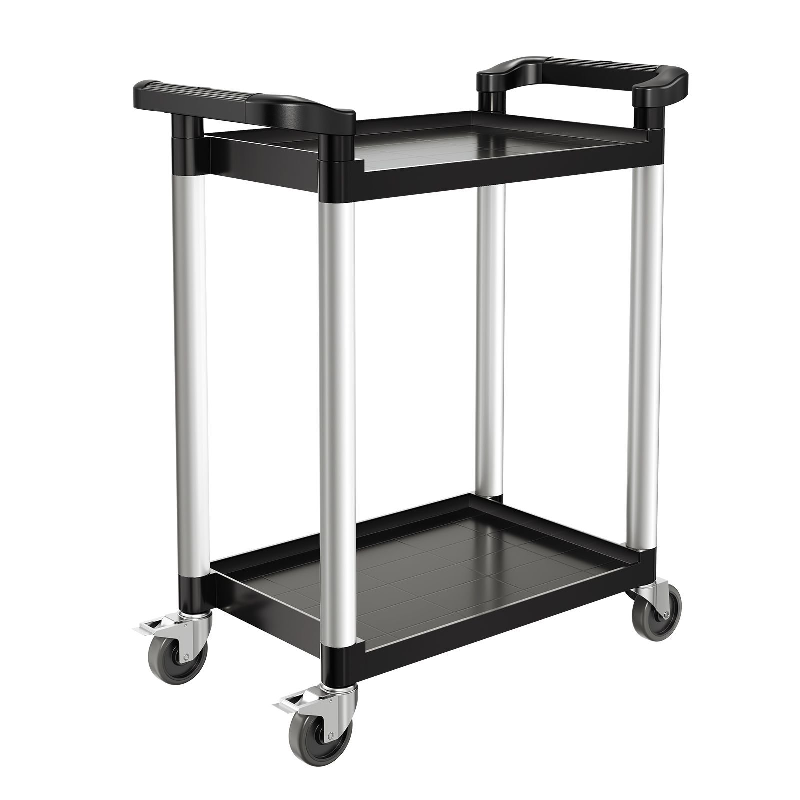 utility cart, 300 lbs load capacity, 2 tier utility plastic cart with 360° swivel wheels (2 with brakes), 24.4 x 16.1 inch food service cart for warehouse, office, home, restaurant, kitchen
