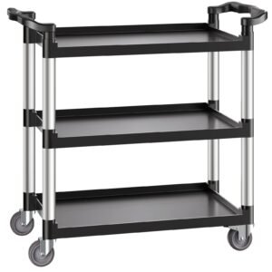 utility cart, 500 lbs load capacity, 3 tier utility plastic cart with 360° swivel wheels (2 with brakes), 31.1 x 19.3 inch food service cart for warehouse, office, home, restaurant, kitchen
