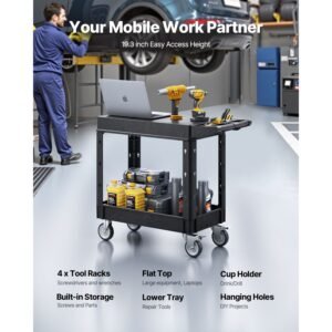utility cart, 550 lbs load capacity, 31.3 x 17.7 inch service cart, two shelf heavy duty plastic utility cart with 360° swivel wheels (2 with brakes), suitable for warehouse, garage, cleaning