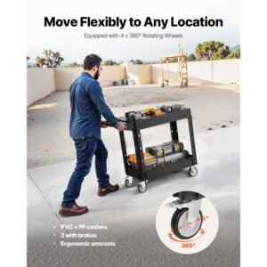 utility cart, 550 lbs load capacity, 31.3 x 17.7 inch service cart, two shelf heavy duty plastic utility cart with 360° swivel wheels (2 with brakes), suitable for warehouse, garage, cleaning