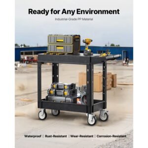 utility cart, 550 lbs load capacity, 31.3 x 17.7 inch service cart, two shelf heavy duty plastic utility cart with 360° swivel wheels (2 with brakes), suitable for warehouse, garage, cleaning