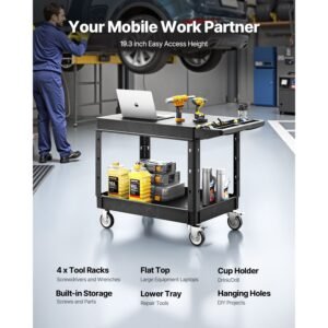 utility cart, 550 lbs load capacity, 37 x 25.4 inch service cart, two shelf heavy duty plastic utility cart with 360° swivel wheels (2 with brakes), suitable for warehouse, garage, cleaning