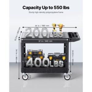 utility cart, 550 lbs load capacity, 37 x 25.4 inch service cart, two shelf heavy duty plastic utility cart with 360° swivel wheels (2 with brakes), suitable for warehouse, garage, cleaning