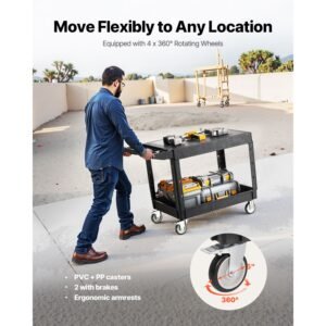 utility cart, 550 lbs load capacity, 37 x 25.4 inch service cart, two shelf heavy duty plastic utility cart with 360° swivel wheels (2 with brakes), suitable for warehouse, garage, cleaning