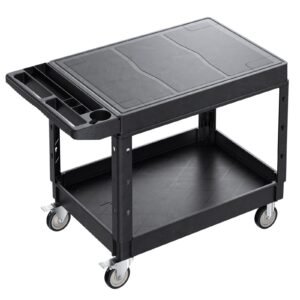 Utility Cart, 550 lbs Load Capacity, 37 x 25.4-inch Service Cart, Two-Shelf Heavy Duty Plastic Utility Cart with 360° Swivel Wheels (2 with Brakes), Suitable for Warehouse, Garage, Cleaning