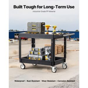 utility cart, 550 lbs load capacity, 37 x 25.4 inch service cart, two shelf heavy duty plastic utility cart with 360° swivel wheels (2 with brakes), suitable for warehouse, garage, cleaning