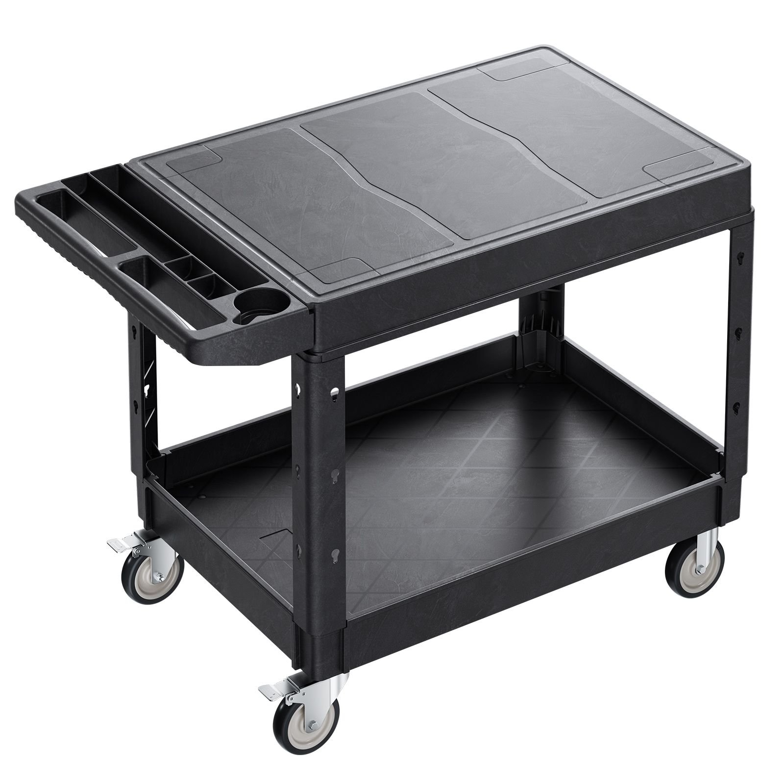utility cart, 550 lbs load capacity, 37 x 25.4 inch service cart, two shelf heavy duty plastic utility cart with 360° swivel wheels (2 with brakes), suitable for warehouse, garage, cleaning