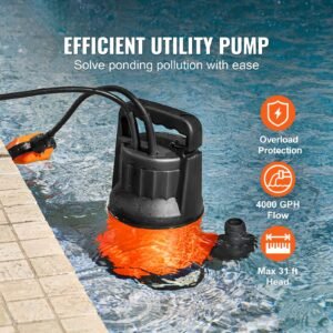 utility pump, 1 hp, 4000 gph high flow, 31 ft head, sump pump submersible water pump portable utility pump with 10 ft long power cord for draining water from swimming pool garden pond basement
