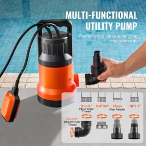utility pump, 1 hp, 4000 gph high flow, 31 ft head, sump pump submersible water pump portable utility pump with 10 ft long power cord for draining water from swimming pool garden pond basement