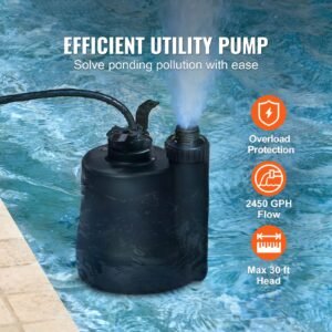 utility pump, 1/3 hp, 2450 gph high flow, 30 ft head, sump pump submersible water pump portable utility pump with 10 ft long power cord for draining water from swimming pool garden pond basement