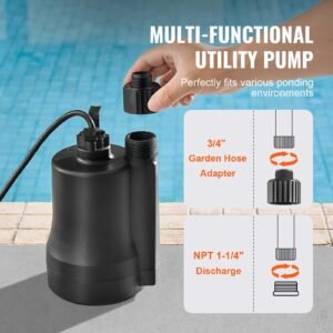 utility pump, 1/3 hp, 2450 gph high flow, 30 ft head, sump pump submersible water pump portable utility pump with 10 ft long power cord for draining water from swimming pool garden pond basement