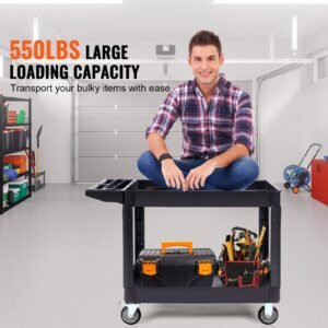 utility service cart, 2 shelf 550lbs heavy duty plastic rolling utility cart with 360° swivel wheels (2 with brakes), large lipped shelf, ergonomic storage handle for warehouse/garage/cleaning